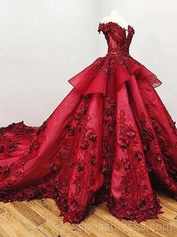 Off Shoulder Red Lace Ball Gown Long ...
